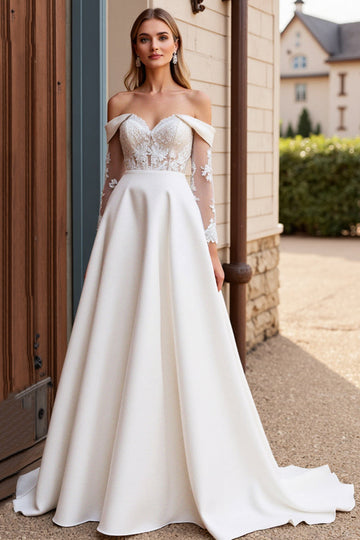 Lace Ivory Off the Shoulder A Line Satin Wedding Dress